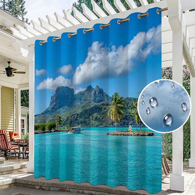 Waterproof Outdoor Curtain Privacy, Sliding Patio Curtain Drapes, Pergola Curtains Grommet 3D Ocean Island Landscape For Gazebo, Balcony, Porch, Party, 1 Panel
