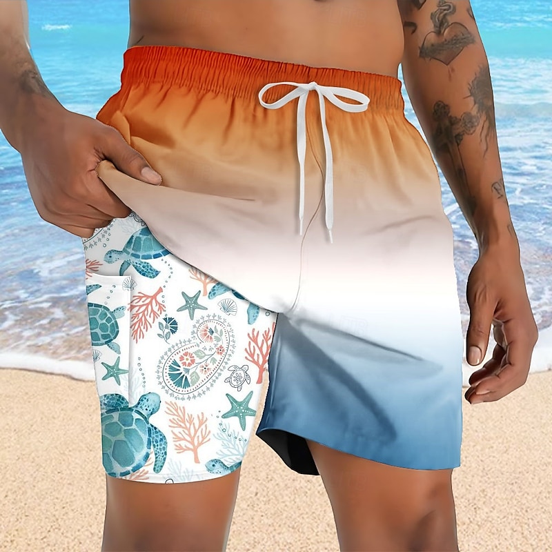 Men's Turtles Sea Creatures Lined Shorts 2 in 1 Board Shorts Swim Shorts Mid Waist Hawaiian Vacation Holiday Beach Wear Side Pockets With Compression Liner Elastic Drawstring Waist Designer Clothing