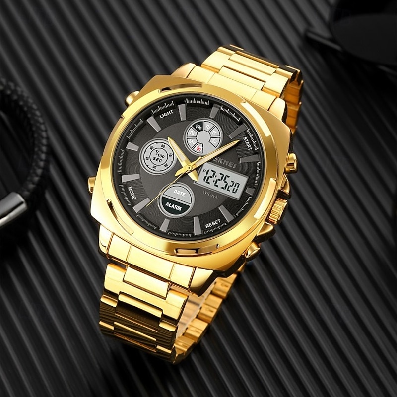 SKMEI Men's Full Steel LED Electronic Watch, Luxury Dual Time, Chronograph Digital Clock, Sports Waterproof Wristwatch