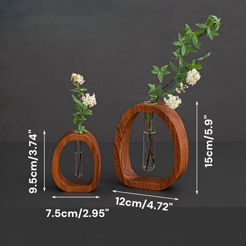 Solid Wood Glass Vase, Hydroponic Test Tube Planter, Minimalist Flower Holder, Natural Wood Frame, Modern Home Decor, Tabletop Plant Propagation Station, Small & Large Sizes2