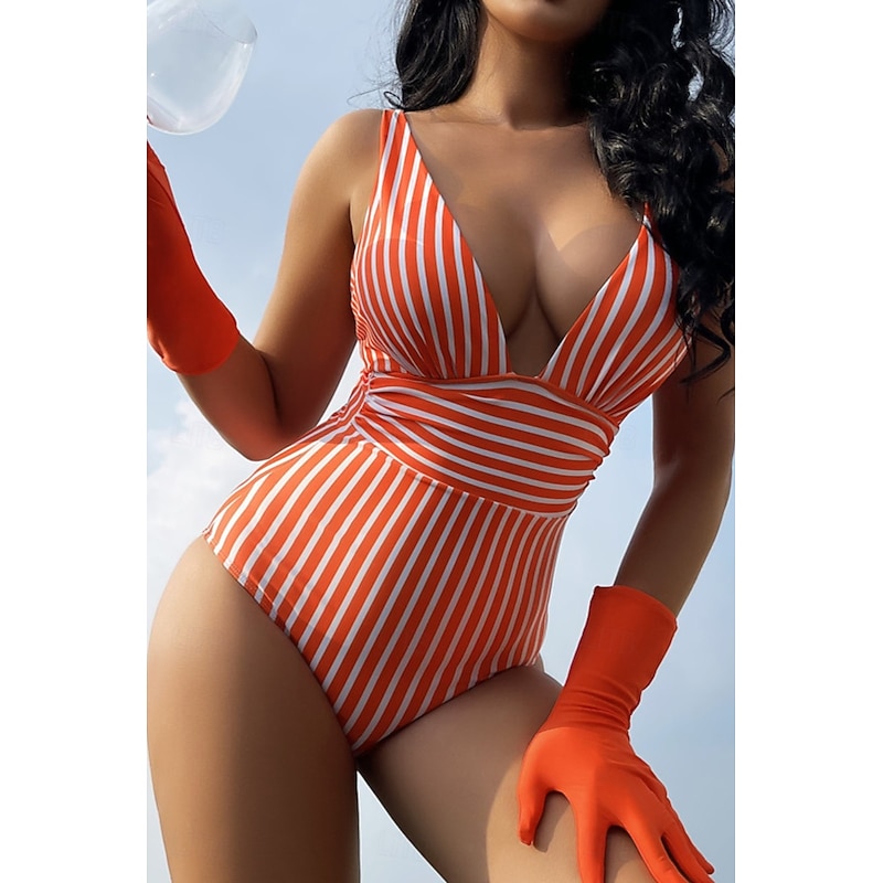 Women's Swimwear One Piece Swimsuit Backless Tropical Beach Wear Striped V Wire Sleeveless Bathing Suits4