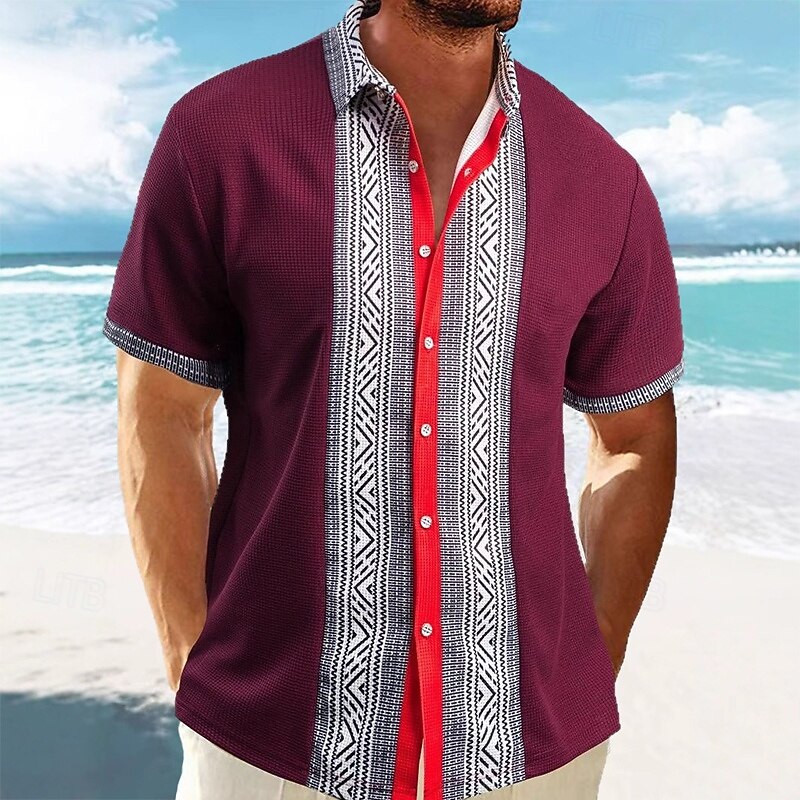 Men's Shirt Waffle Shirt Summer Shirt Casual Shirt Beach Shirt Button Up Shirt Black White Wine Green khaki Short Sleeve Geometric Lapel Vacation Daily Patchwork Clothing Apparel Fashion Casual3