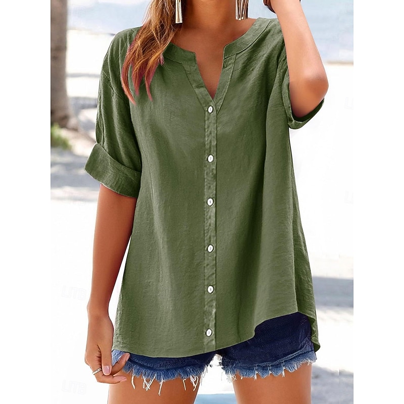 Women's Cotton Blouse Solid Color Elegant Casual Short Sleeve V Neck Regular Tops Daily Holiday Buttons Black Blue Purple Green Beige Summer Spring3