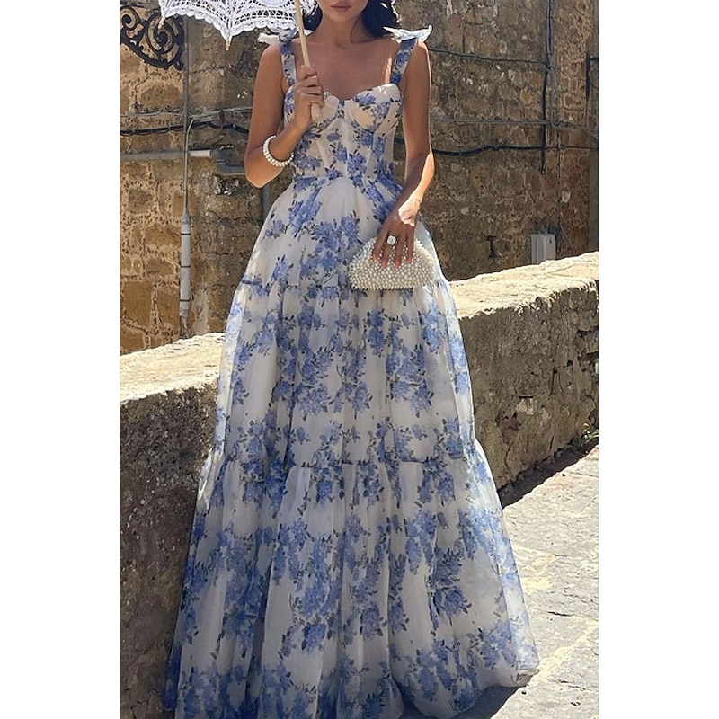 Women's Long Dress Maxi Dress Party Dress Cocktail Dress Fashion Party Special Occasion Regular Fit Flower Sleeveless Spaghetti Strap Blue Light Purple Summer3