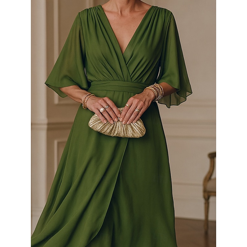 Women's Long Dress Maxi Dress White Dress Casual Dress Cocktail Dress Wedding Guest Dress Elegant Modern Mature Office Daily Date Regular Fit Plain 3/4 Length Sleeve V Neck Green Summer2