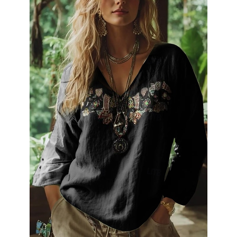 Women's Boho Blouse Floral Graphic Paisley Bohemia Vintage Tropical 3/4 Length Sleeve V Neck Regular Tops Black White Red Green Summer Spring3