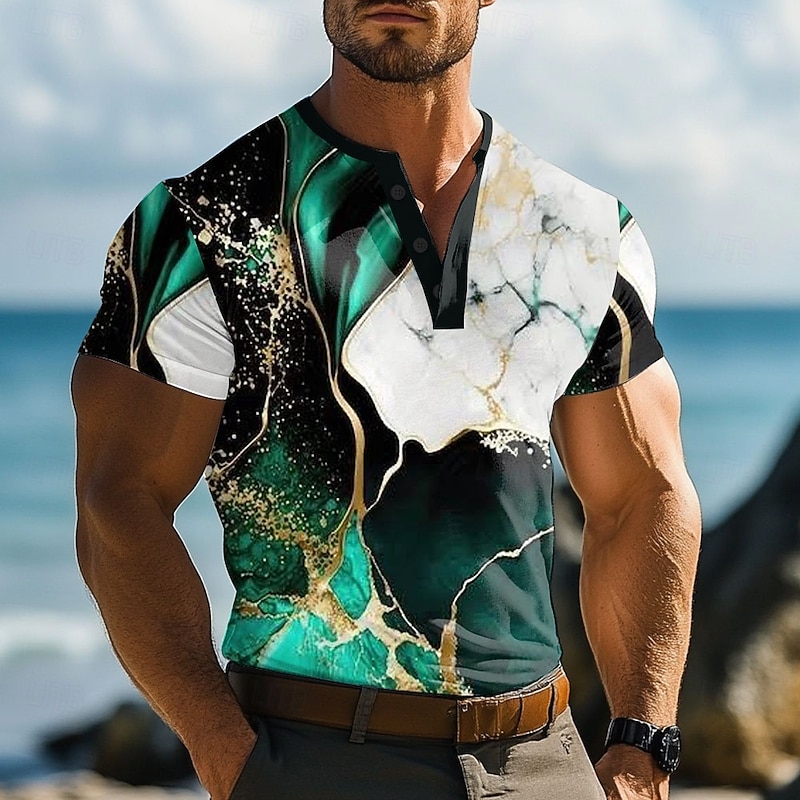 Men's Marble pattern T Shirt Henley Shirt Short Sleeve Designer Retro Vintage Trendy Street Casual Daily Summer Spring Blue Yellow Green Brown Henley Henley T-Shirt