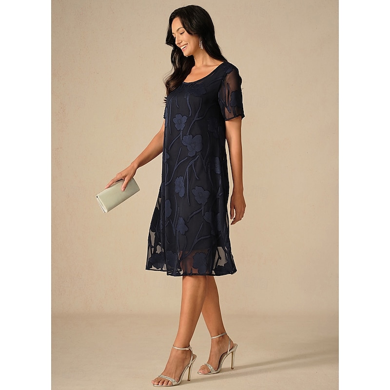 Women's Knee Length Dress Chiffon Dress Elegant Casual Loose Fit Floral Short Sleeve Crew Neck Navy Blue Summer3