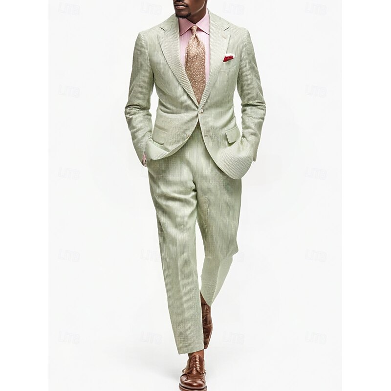 Men's Seersucker Suits Casual Summer Wedding Suits Sage Formal Striped Standard Fit 2 Piece Single Breasted Two-buttons