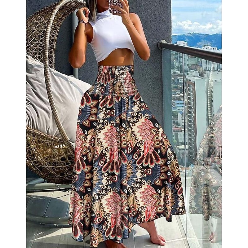 Women's Skirt Maxi Skirt Bohemia Fashion Beach Wear Casual Midi High Waist Skirts Floral Paisley Micro-elastic Vacation Street Gray Green Black Yellow Light Green Summer Polyester4