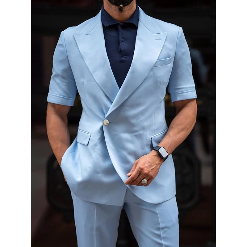 Men's Casual Linen Suits Sky Blue Short Sleeves Summer Suits Solid Colored Standard Fit 2 Piece Single Breasted One-button