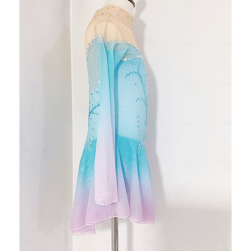 Figure Skating Dress Women's Girls' Ice Skating Dress Pink Green Patchwork Open Back Mesh Spandex Stretchy Training Practice Professional Skating Wear Thermal Warm Classic Crystal / Rhinestone Long3