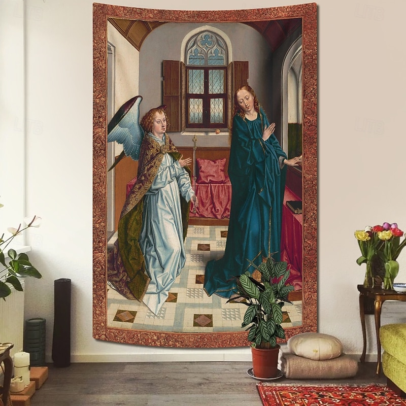 Medieval Tapestry Middle Age Tapestry Gothic Art Large Tapestry Mural Decor Photograph Backdrop Blanket Curtain Home Bedroom Living Room Decoration The Annunciation