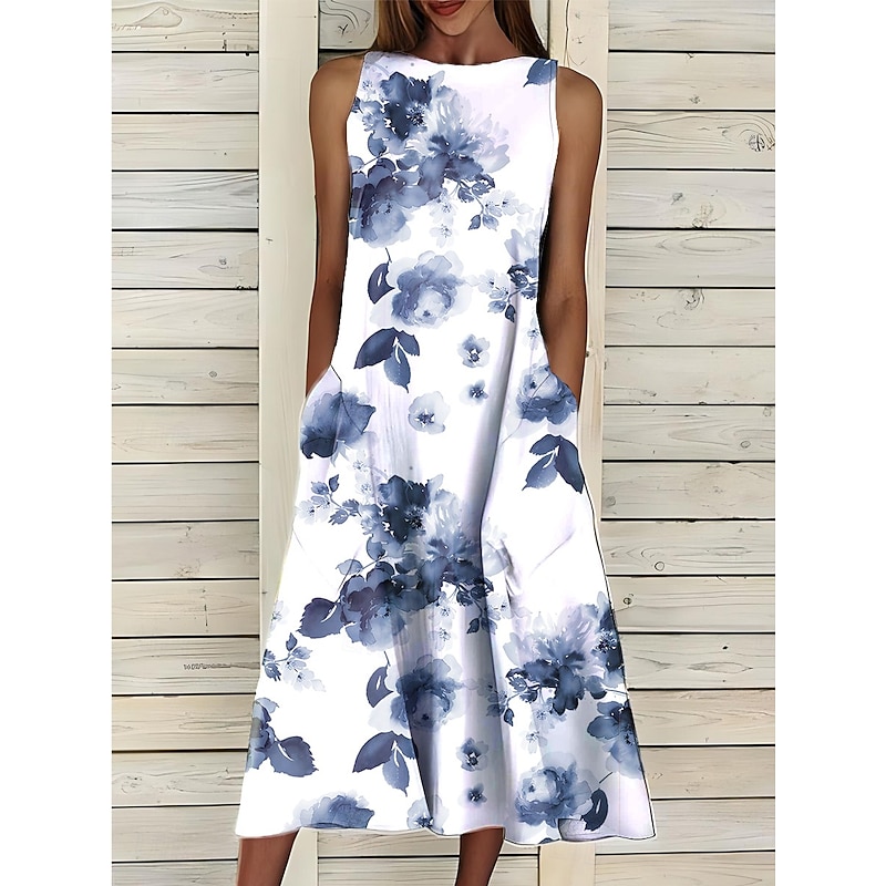Women's Midi Dress Sundress A Line Dress Summer Dress Elegant Vacation Casual Regular Fit Floral Graphic Sleeveless Crew Neck Light Pink White Pink Blue Summer4