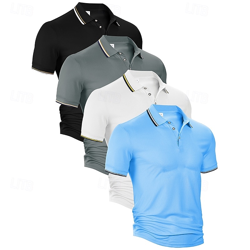 Multi Packs 4pcs Men's Lapel Short Sleeves Black+White+Grey+Light Blue Button Up Polos Golf Shirt Golf Polos Shirts Buttons Plain Vacation Daily Wear Polyester Summer4