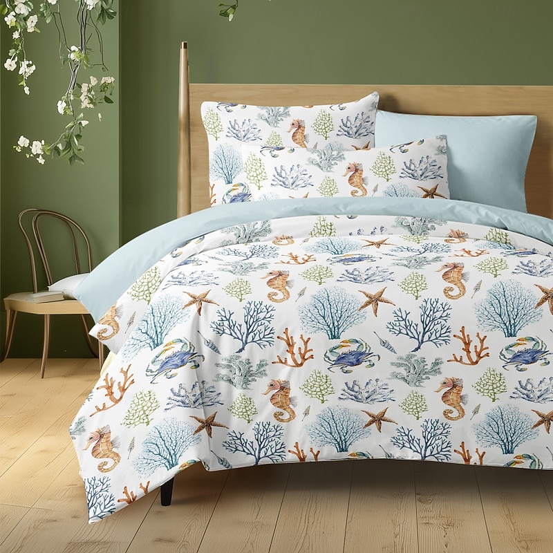 Summer Duvet Cover Set 100% Cotton Soft and Breathable Bedding Featuring Sea Creatures Lightweight and Durable Quilt Cover Comfortable for All Seasons Easy to Care