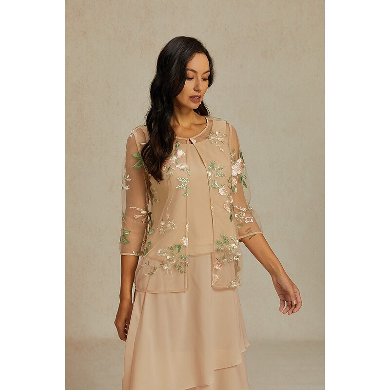 Women's Chiffon Tops Floral Elegant Stylish Basic 3/4 Length Sleeve Crew Neck Regular Tops Lace Embroidered Apricot Summer