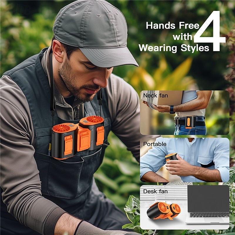 Portable Clip-on Waist/Neck Fan with Turbo Cooling, 10000mAh Battery, 3 Speeds, Digital Display, for Outdoor Work, Sports & Desk Use
