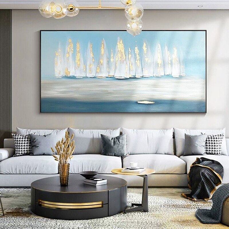 sailboat painting Boat oil paintings hand painted Natural home decor landscape  Oil Painting on Canvas Abstract Art Water sailboat painting sky blue Nature gold art paintings for Living Room Painting