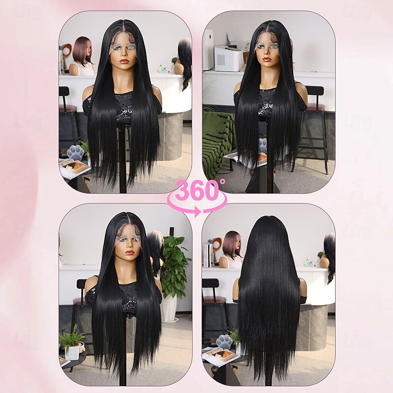 Synthetic Lace Wig Straight Style 32 inch Black Middle Part 13x6 Lace Front Wig Women's Wig Black3