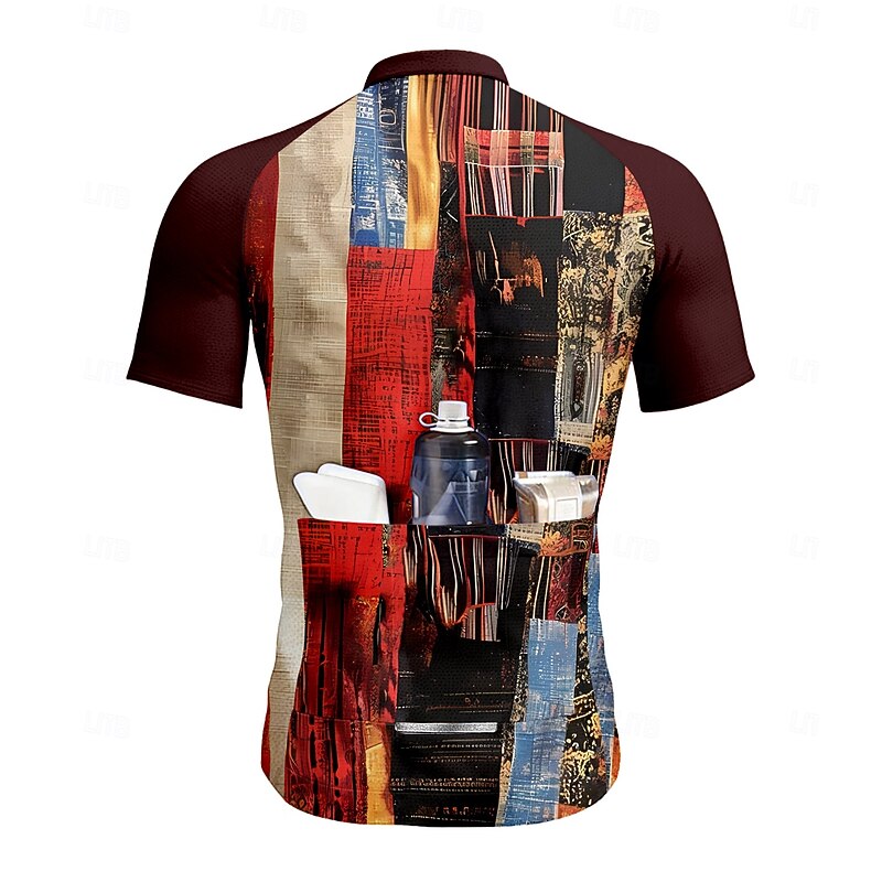 Men's Cycling Jersey Graphic Geometric Patchwork Short Sleeve Bike Tee Tshirt Top with 3 Rear Pockets UV Resistant Quick Dry Front Zipper Reflective Strips Sports Wine Red Clothing Apparel2
