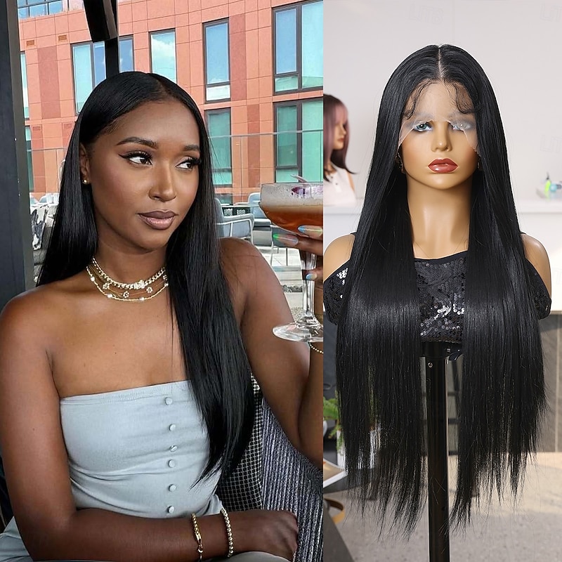 Synthetic Lace Wig Straight Style 32 inch Black Middle Part 13x6 Lace Front Wig Women's Wig Black