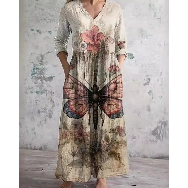 Women's Long Dress Maxi Dress Casual Dress Boho Dress Elegant Fashion Romantic Outdoor Vacation Holiday Regular Fit Butterfly Long Sleeve V Neck Khaki Summer Spring