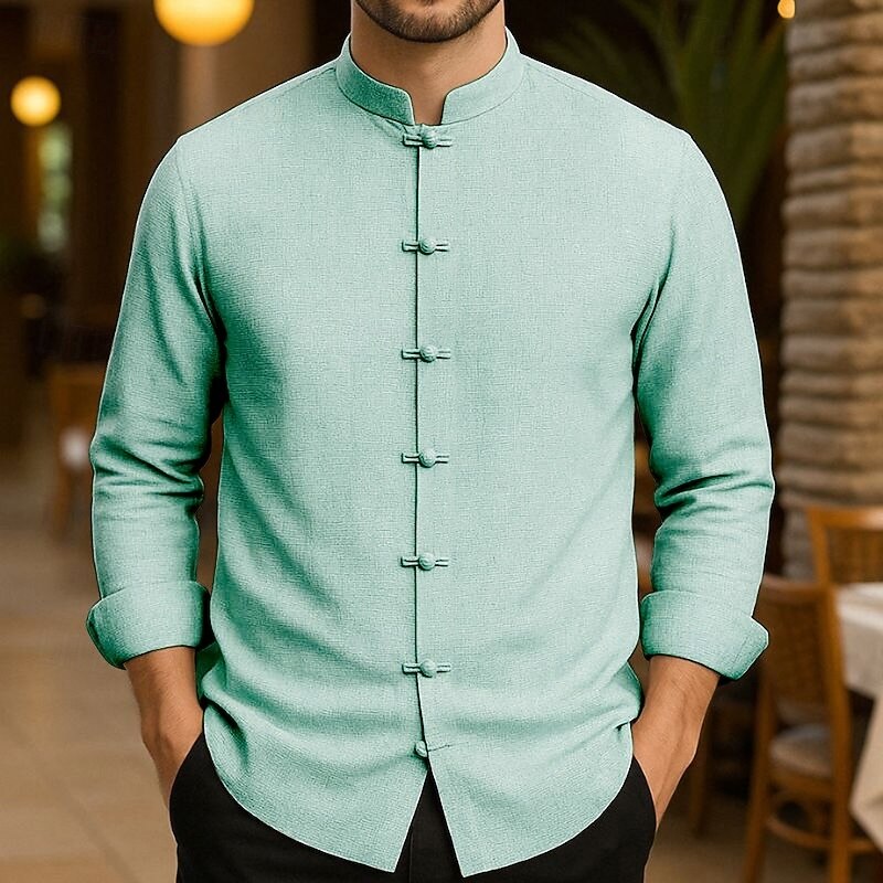 Men's Cotton Linen Shirt Solid / Plain Color Vacation Black White Light Green Pink Long Sleeve Grandad Clothing Apparel3