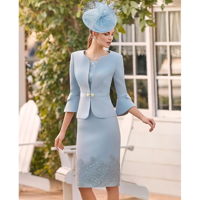 Dress Sets Mother of the Bride Dress Formal Wedding Guest Elegant Vintage Jewel Neck Tea Length Stretch Fabric 3/4 Length Sleeve with Lace Pearls Race Day Dress