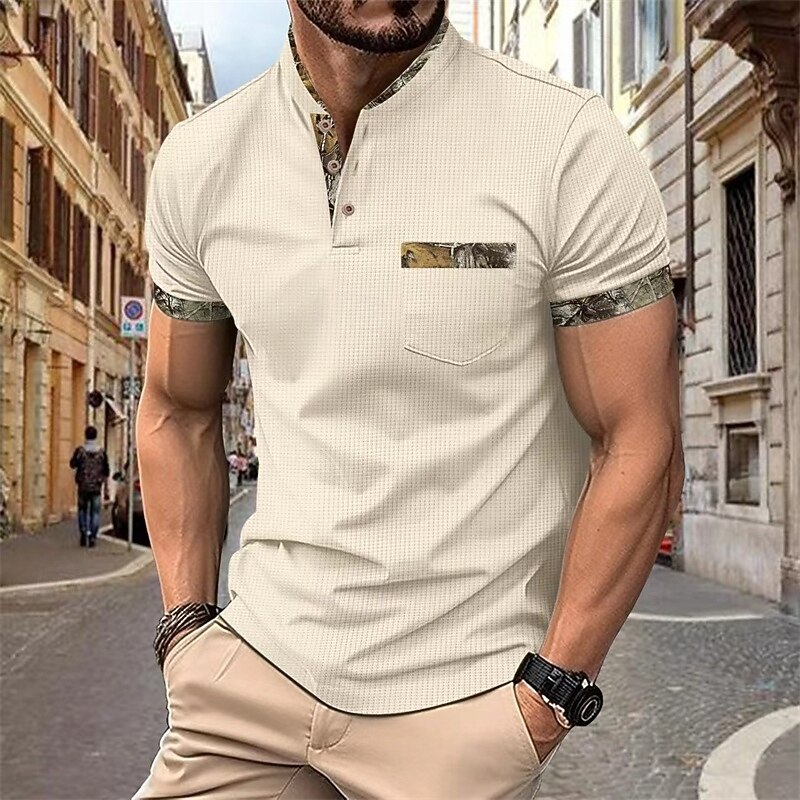 Men's Waffle Polo Shirts Golf Shirt Work Casual Lapel Short Sleeve Basic Modern Color Block Patchwork Buttons Summer Spring Regular Fit Black White Royal Blue Khaki Gray Waffle Polo Shirts