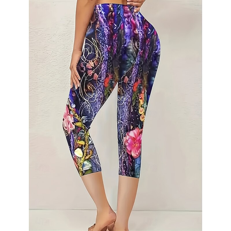 Women's Leggings Capri Pants High Elasticity Vacation Vintage Fashion Calf-Length High Waist Floral Graphic Printing Breathable Soft Stretchy Formal Outdoor Vacation Violet Summer Spring Slim Fit2