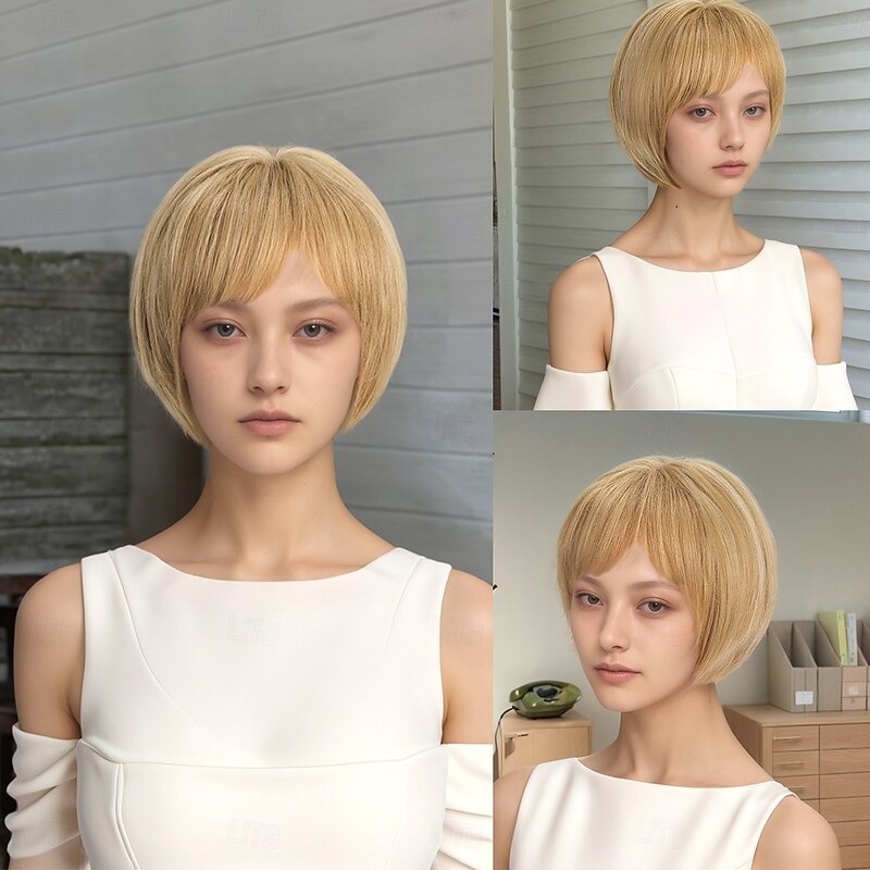 Synthetic Wig Straight Natural Straight Layered Haircut Neat Bang Machine Made Wig 14 inch A1 Synthetic Hair Women's Cool Classic Comfortable Blonde