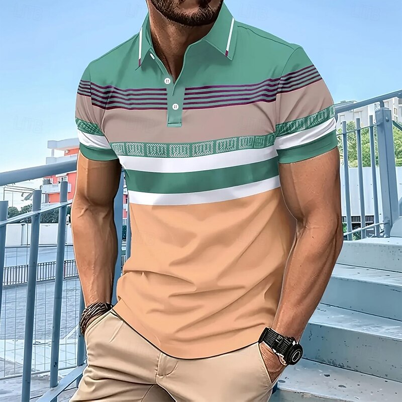 Men's Horizontal Stripes Polo Short Sleeve Polo Shirts Collared Shirts Business Casual Outdoor Athleisure Daily Wear 3D Print Summer Blue Green2