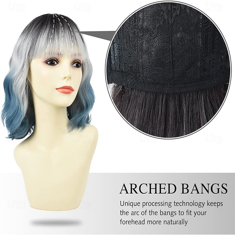 Wavy Bob Wig with Bangs Natural Ombre Silver Blue Wig Synthetic Hair Shoulder Length Short Curly Ombre Wigs for Women3