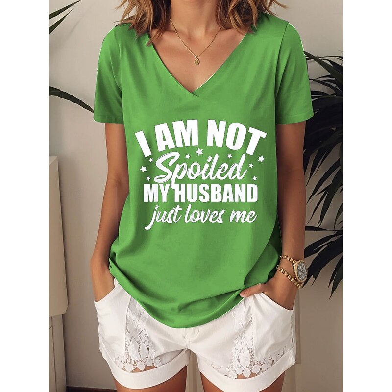 Women's T Shirt Graphic Letter Stylish Casual Short Sleeve V Neck Regular Tops Daily Print Blue Purple Green Summer2