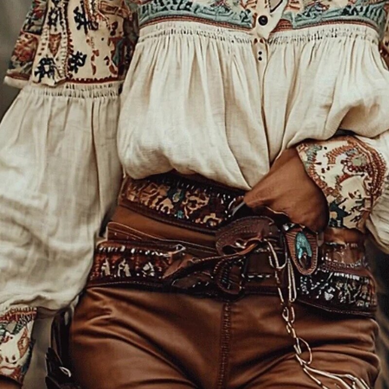 Women's Western Blouse Boho Shirt Blouse Flower Modern Boho Long Sleeve Off Shoulder Regular Tops Daily Going out Print Apricot Summer3