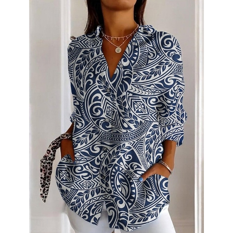 Women's Shirt Floral Bohemia Hawaiian Long Sleeve Shirt Collar Regular Tops Daily Holiday Pocket Buttons Print White Yellow Pink Navy Blue Blue Summer