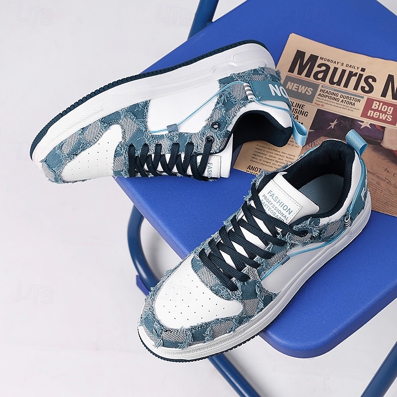 Men's Stylish Sneakers - Denim - Inspired Patchwork with Faux Leather Accents, Comfort - Oriented Design, Suited for Casual Gatherings & City Walks2