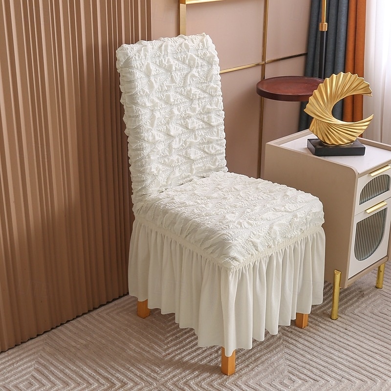4PCS Seersucker Dining Room Chair Covers Slipcovers with Skirt Stretch Washable Seat Covers Protector, Cream