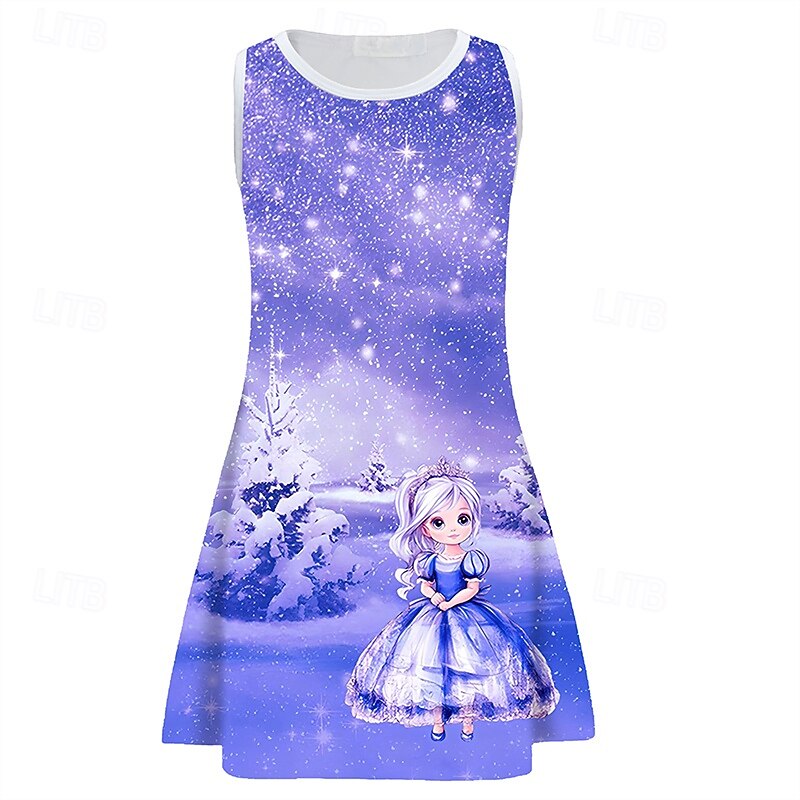 Girls' 3D Cartoon Snowflake Dress Sleeveless Summer Spring Vacation Daily Holiday Princess Beautiful Sweet Kids 4-12 Years Casual Dress A Line Dress Knee-length Regular Fit4