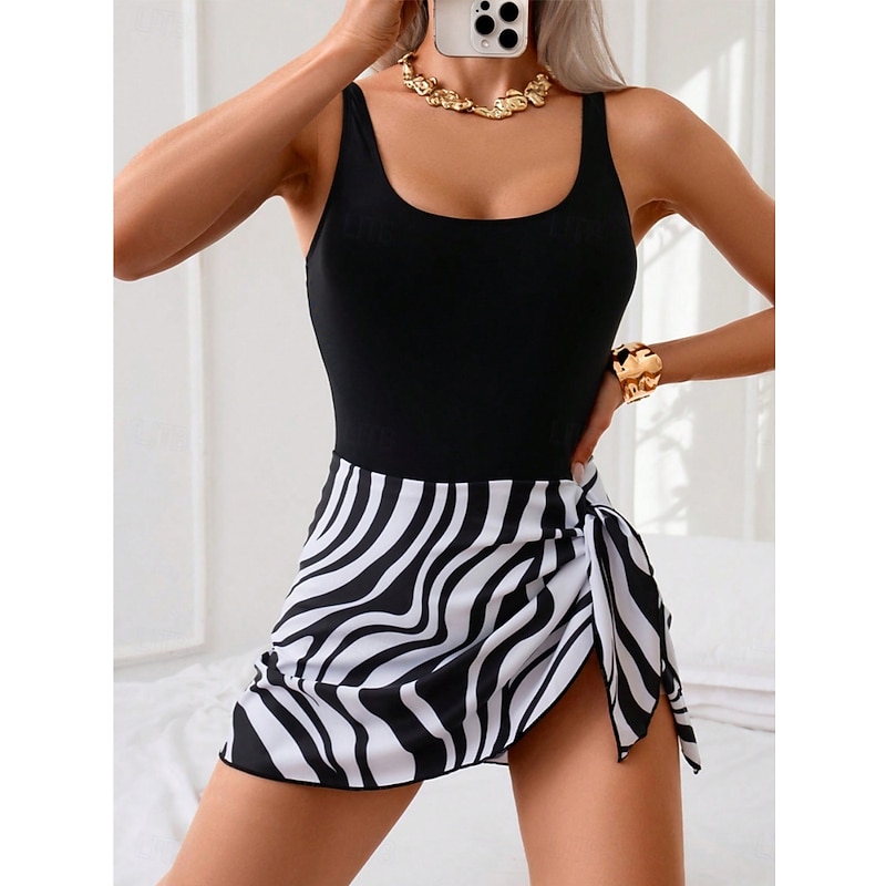 Women's One Piece Swimsuit Swim Dress Tummy Control Open Back Swimwear Leopard Print Swimwear Black White Breathable Quick Dry Lightweight Sleeveless - Swimming Surfing Beach Summer Spring4