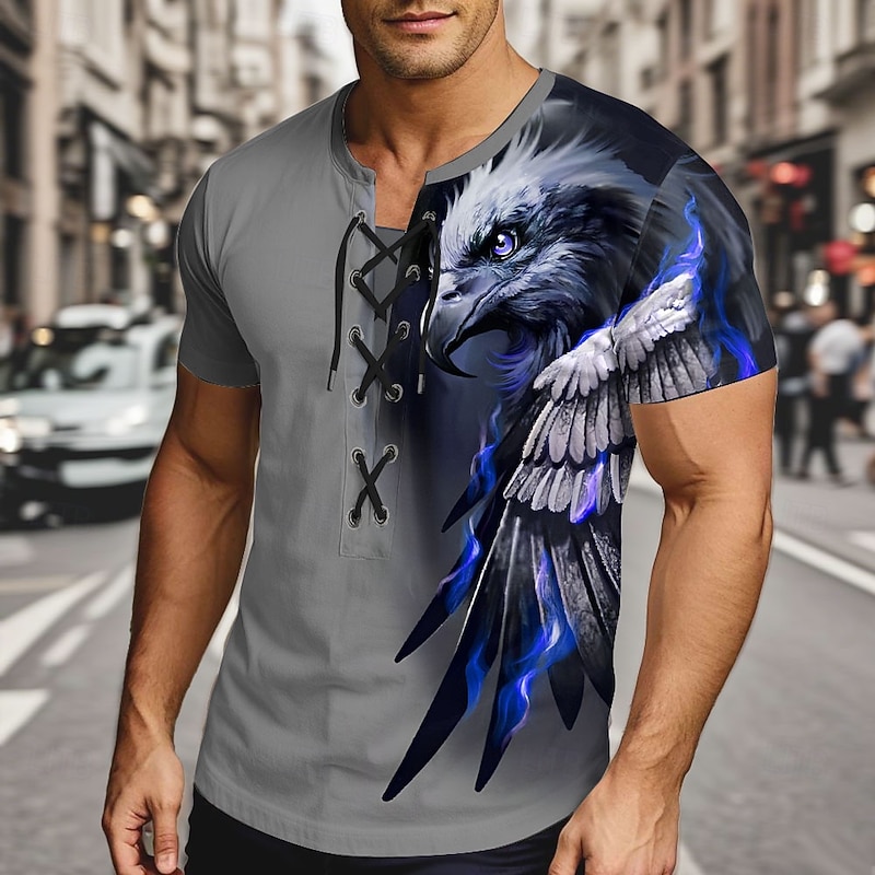 Men's Eagle T Shirt Short Sleeve T shirt 3D Print Lace Up Neck Shirt Exaggerated Designer Street Casual Daily Yellow Blue Purple Summer Spring Clothing Apparel S M L XL XXL XXXL2