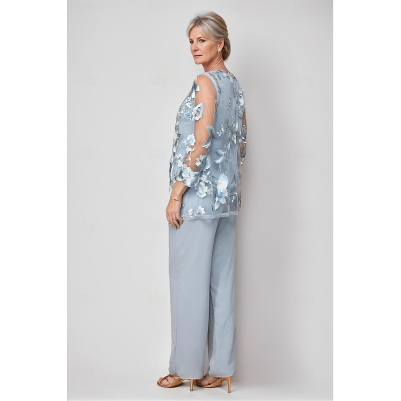 Pantsuit 3 Piece Mother of the Bride Dress Elegant Crew Neck Floor Length Chiffon Long Sleeve Wrap Included with Lace Embroidery4