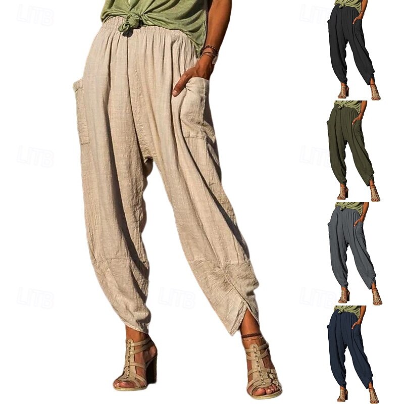 Women's Cotton Linen Pants Slacks Active Casual Full Length Natural Plain Pocket Elastic Waist Outdoor Comfortable Outdoor Daily Apricot Army Green Dark Gray Summer Regular Fit