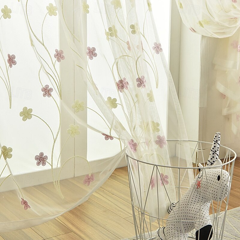 2Pcs Rural Style Floral Embroidery Window Screen Living Room Bedroom Dining Room Study Semi Transparent Curtains3