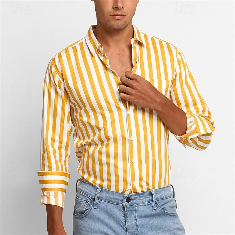 Men's Shirt Summer Shirt Casual Shirt Beach Shirt Button Up Shirt Black Yellow Red khaki Dark Blue Long Sleeve Stripes Lapel Vacation Hawaiian Pocket Clothing Apparel Polyester Fashion Casual3