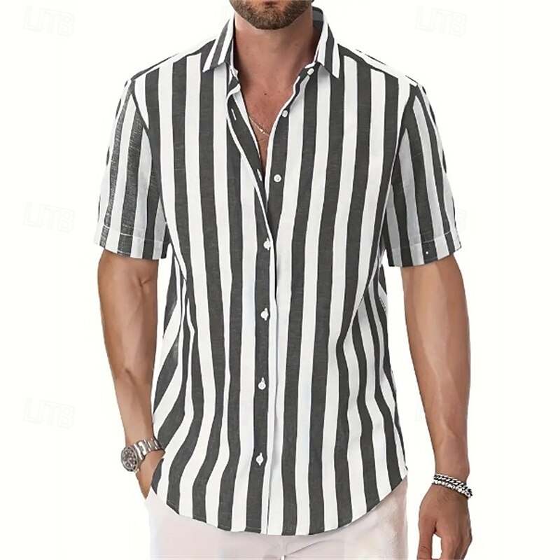 Men's Shirt Summer Shirt Casual Shirt Beach Shirt Button Up Shirt Black Pink Sky Blue Gray Short Sleeve Striped Lapel Vacation Hawaiian Buttons Clothing Apparel Polyester Fashion Casual Comfortable3