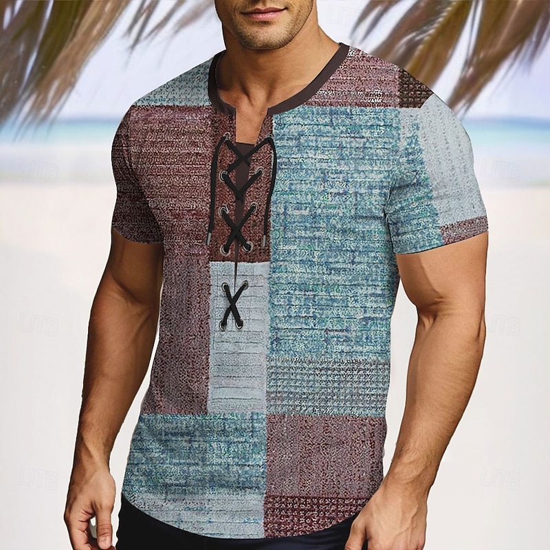 Men's Patchwork Shirt Short Sleeve T shirt 3D Print Lace Up Neck Shirt Vacation Fashion Casual Street Casual Daily Blue Purple Brown Summer Spring Clothing Apparel S M L XL XXL XXXL3