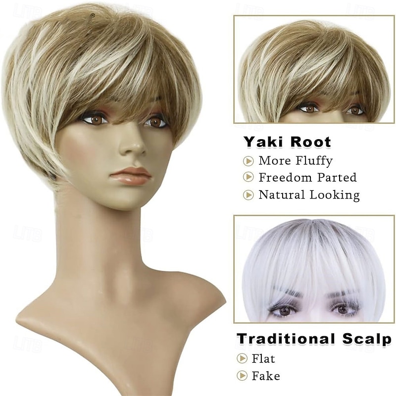 Short Blonde Pixie Cut Wigs for Women Fluffy Layer Lowlight With Root Stretch Synthetic Hair Pixie Wig with Bangs for Women Replacement Wig Daily Wear3