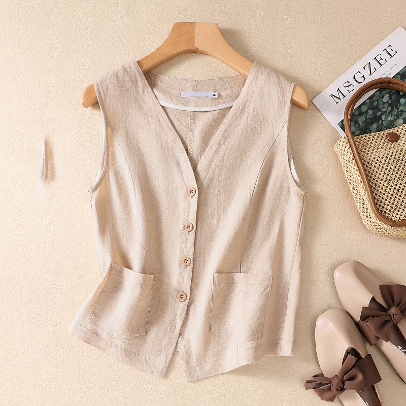 Women's  Cotton Linen Vest Plain Modern Casual Sleeveless V Neck Regular Tops Holiday Going out Buttons Pocket White Brown Khaki Apricot Summer4